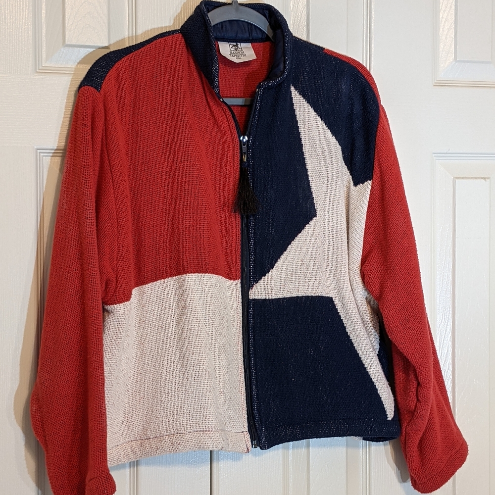 Maxson Tapestri EUC patriotic knit jacket OS red white blue star 100% cotton
